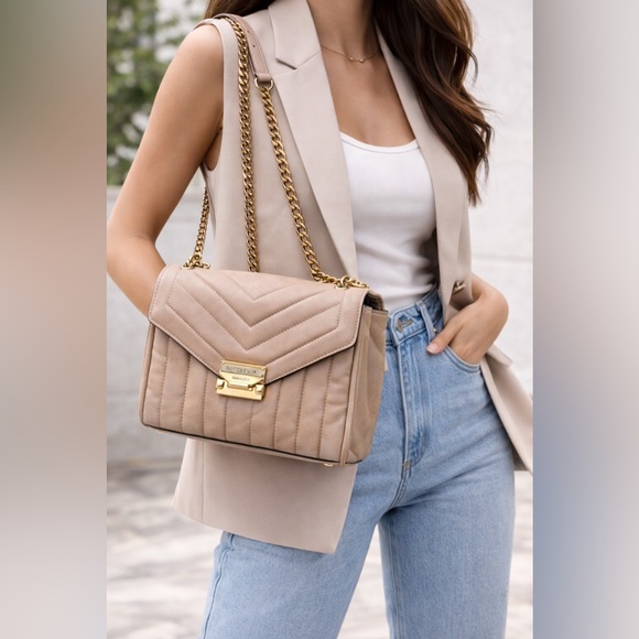Michael Kors Handbags - Michael Kors Quilted Chain Shoulder Bag | Beige/Nude | Gold Hardware